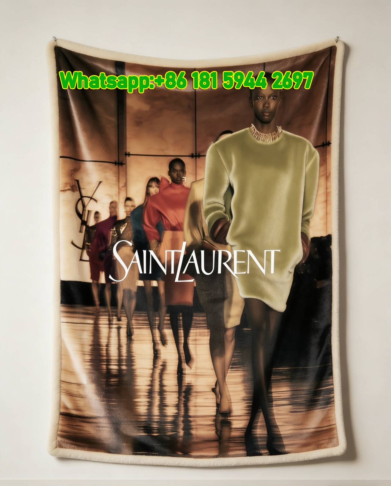 Yves Saint Laurent YSL Luxury Runway Fashion Print Black Gold Green Flannel Throw Blanket Premium Designer Printed Sofa Cover Blanket IMG_3313